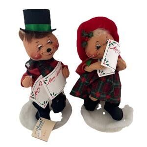 Annalee 12.5" Carolling Caroler Girl & Boy Felt Bear Hand painted Dolls 1996